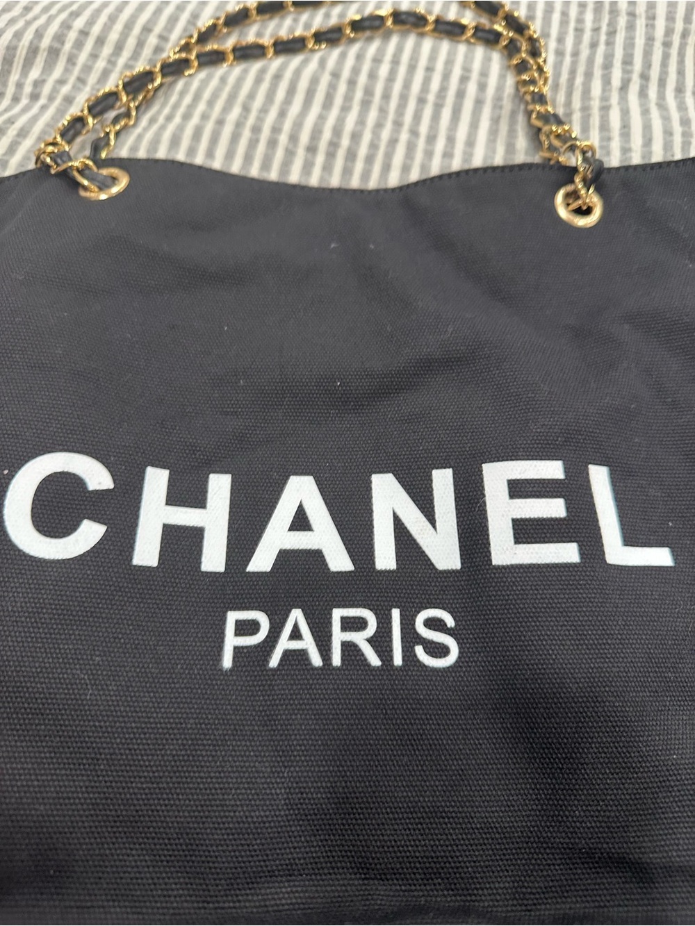 Black Canvas Tote with Gold Chain Handles